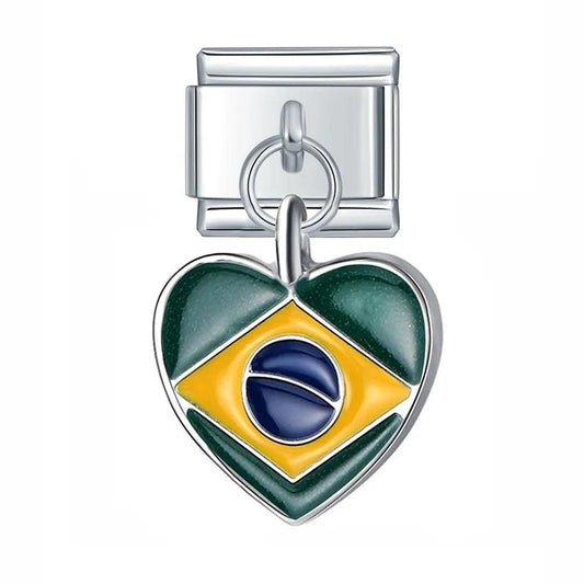 Brazil Heart Flag, on Silver - Charms Official
