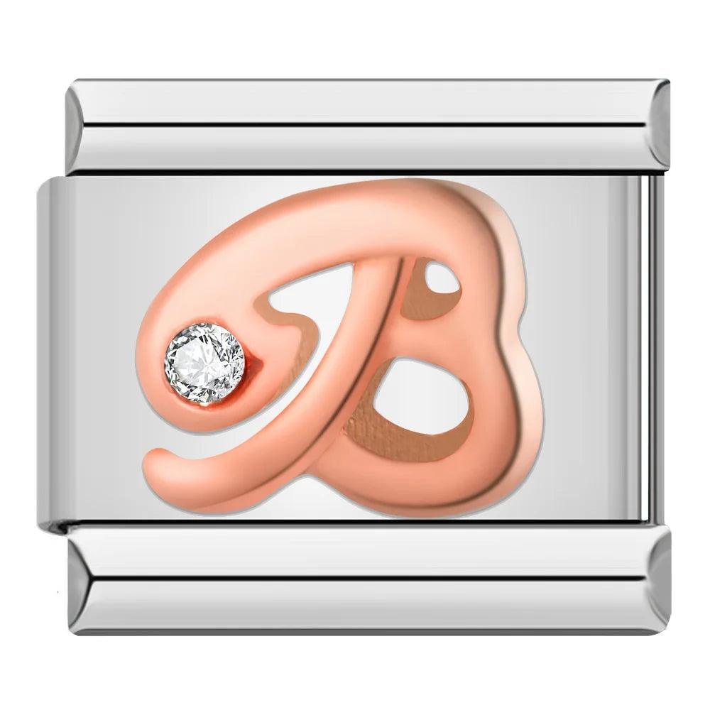 Letter B in Rose Gold with Stones, on Silver - Charms Official