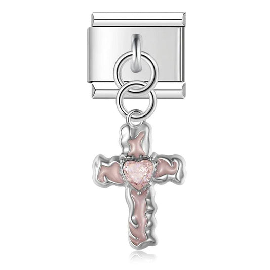 Pink Cross with Heart, on Silver - Charms Official