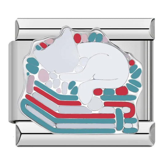 White Cat in its Green and Red Cat Basket, on Silver - Charms Official